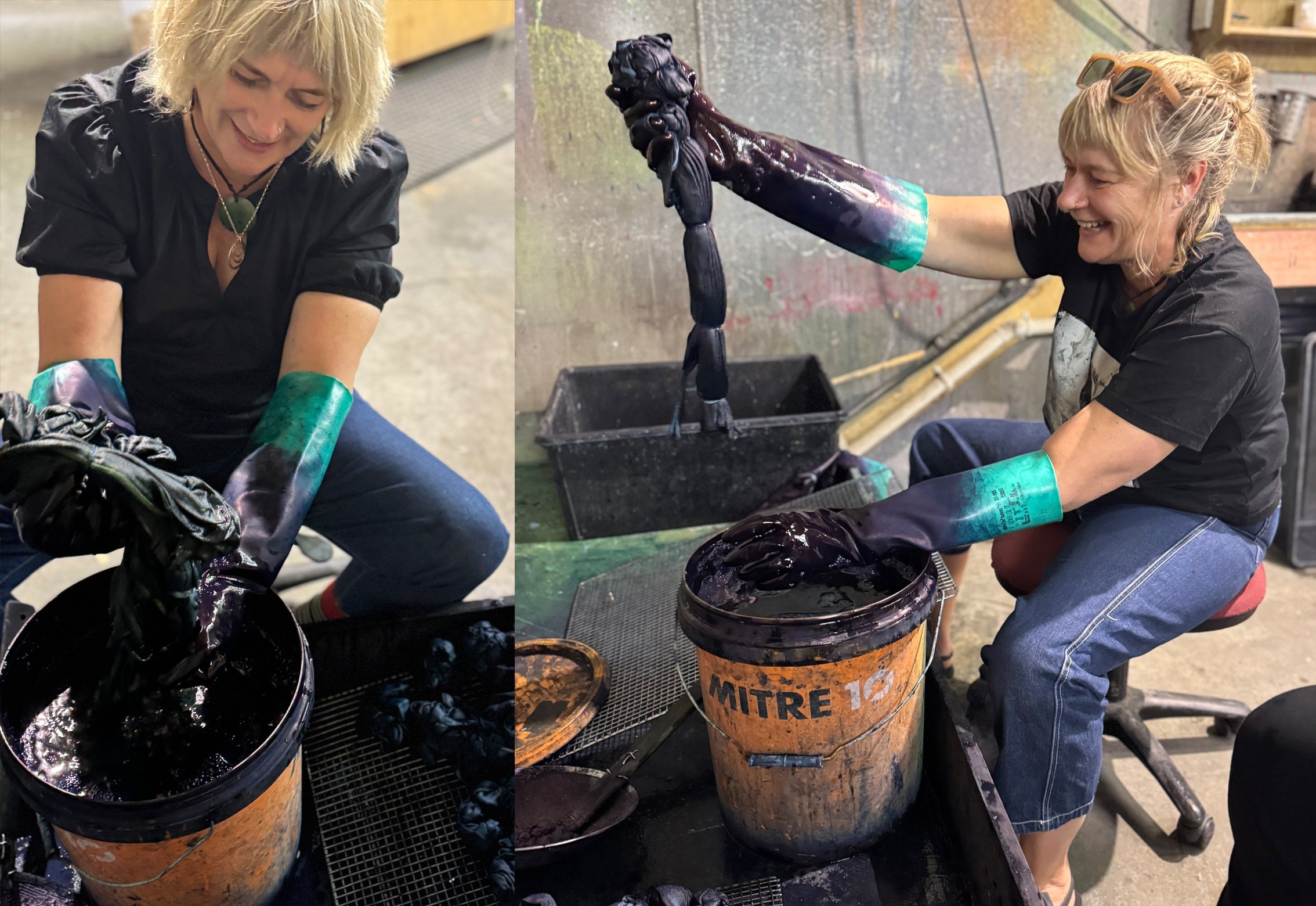 Person using hand held fishing net to retrieve hand dyed underwear from indigo vat.