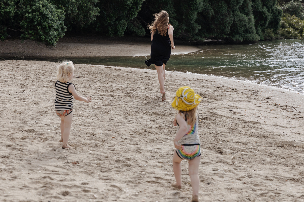 Kids in underwear running on a beach