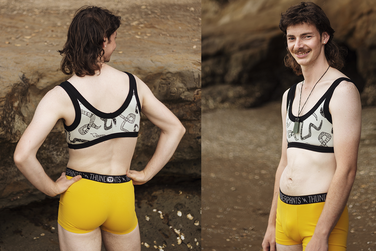 Two pictures of a person wearing an Original Crop and pouch front boxer