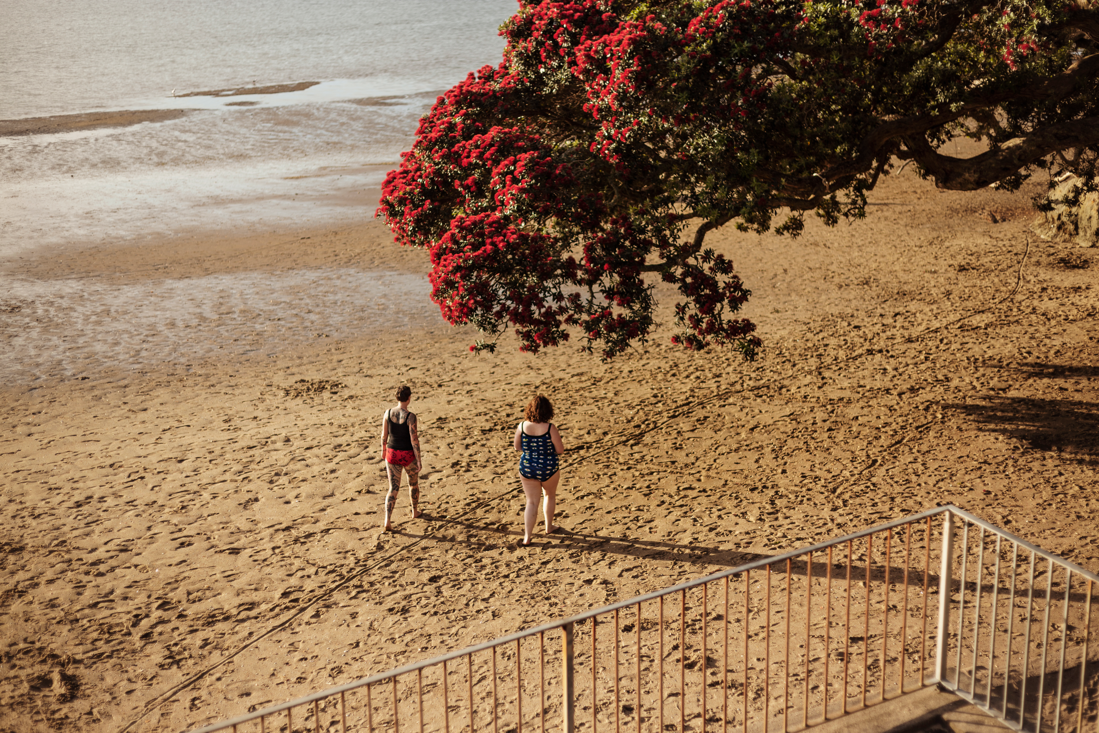Two people on a beach in Thunderwear with Pohutukawa in the foreground.