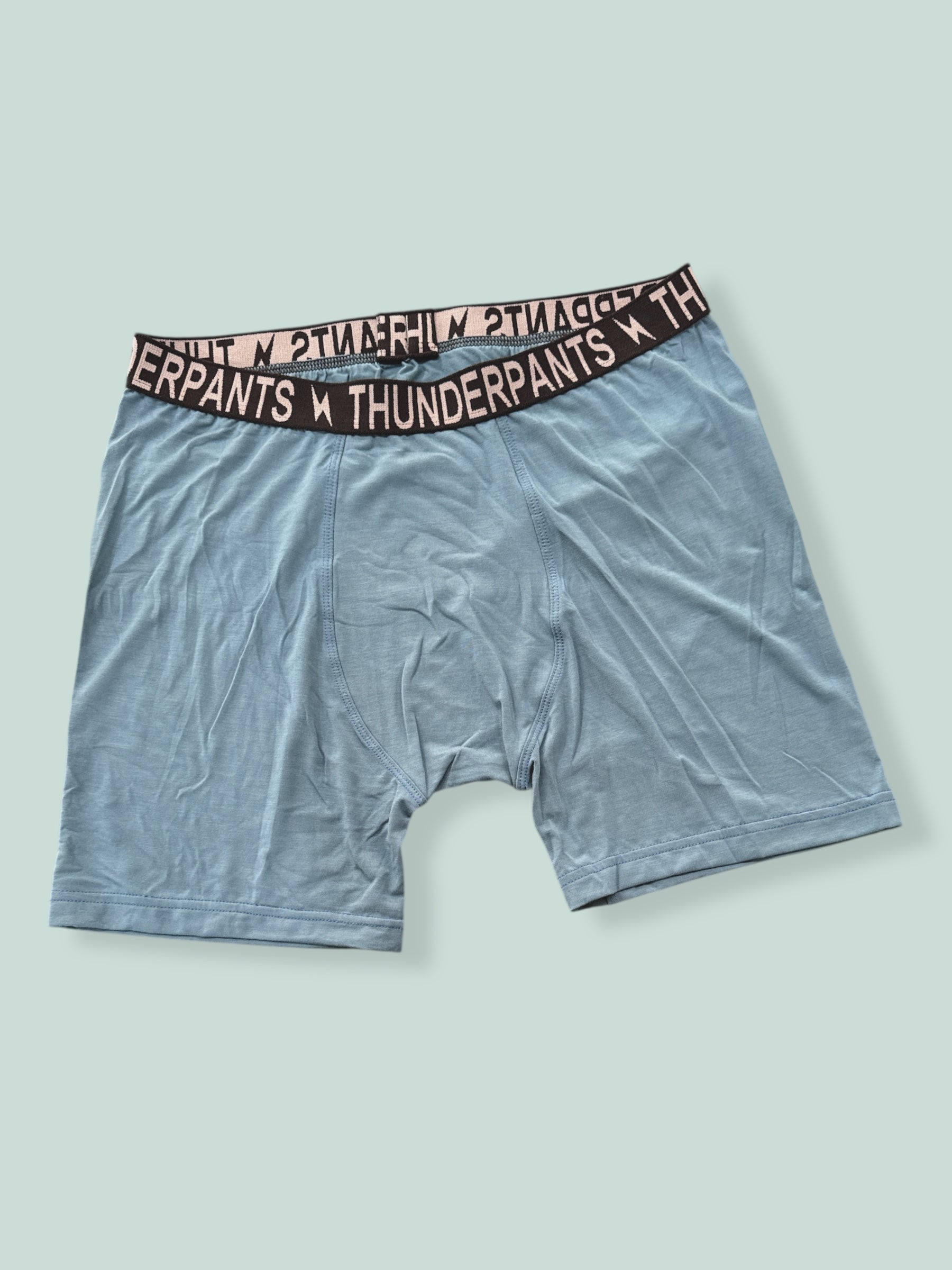 Duck Egg blue boxer briefs with a branded waistband on a light blue grey background