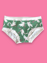 Low waisted underpants layed flat. Vanilla base cloth, waist and leg banding. Printed green background around flying swans, with accents of hot pink on legs, beaks and shadows.