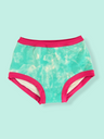 Turquoise and pink patterned underwear on a light blue background