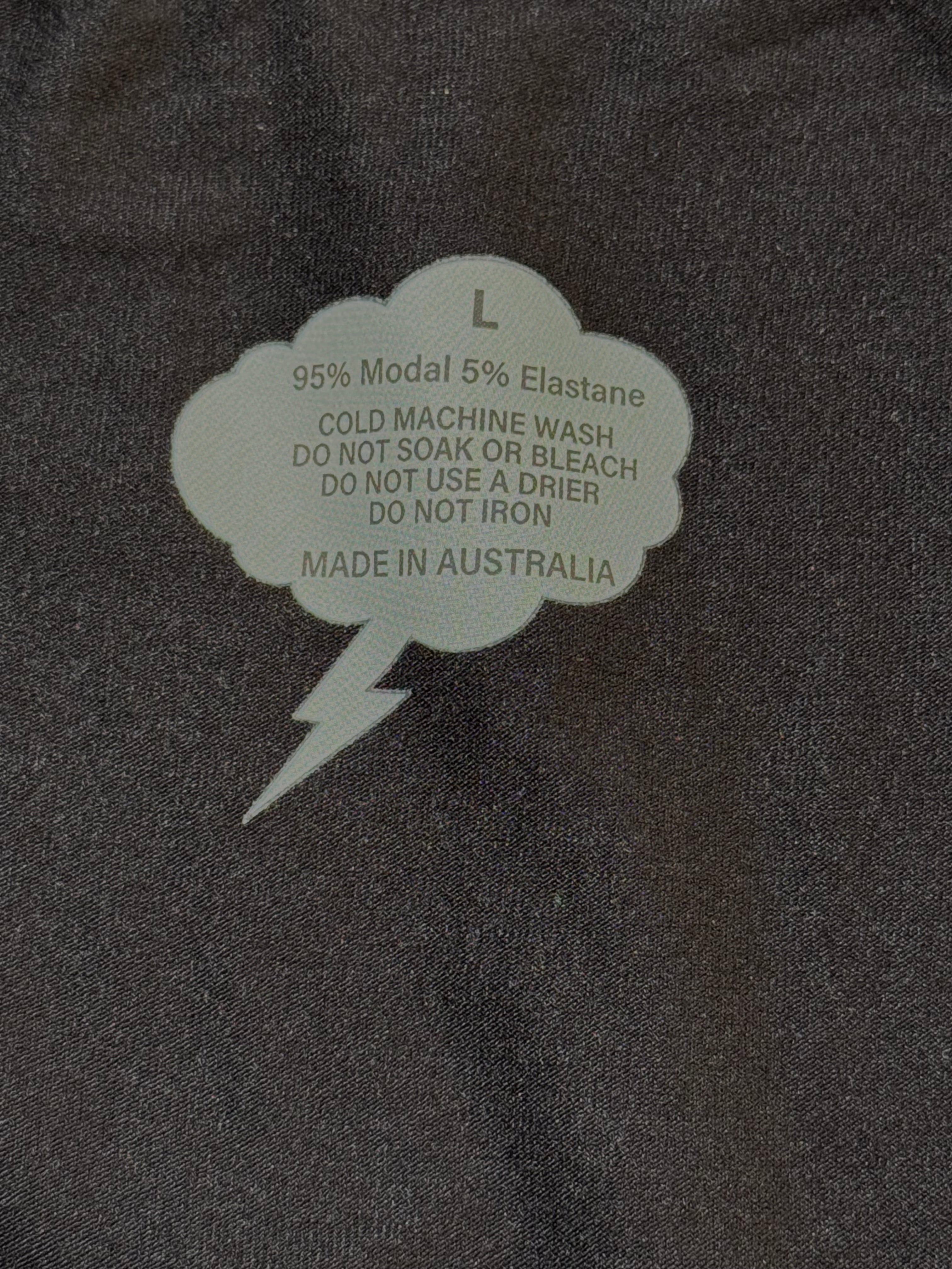 screen printed label showing size and washing info